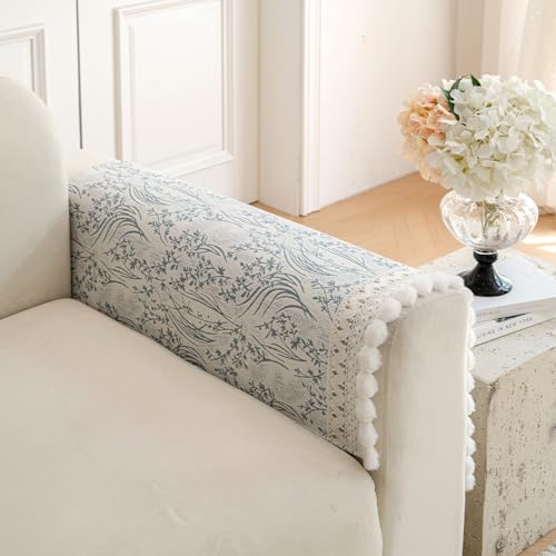 HANDONTIME Floral Chenille Sofa Cover, White Plush Fringed Dog Couch Cover, Jacquard Dog Mat for Couch Sofa, Washable & Anti-Slip Pet-Friendly Furniture Protector for Sectionals (Blue,35.4" x 35.4")