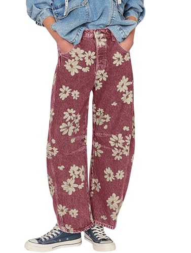 loveimgs Women Y2k Distressed Barrel Jeans Baggy Wide Leg Jeans Floral Printed Boyfriend Patchwork Denim Pants (Medium,Red)