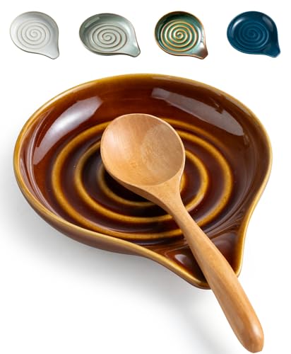 Image of LAUCHUH Spoon Rest, 5 inches Large Ceramic Spoon Rest for Stove Top Cooking Spoon Holder for Kitchen Counter Spatula Holder for Tongs, Ladle, Fork, Heat-Resistant, Dark Brown
