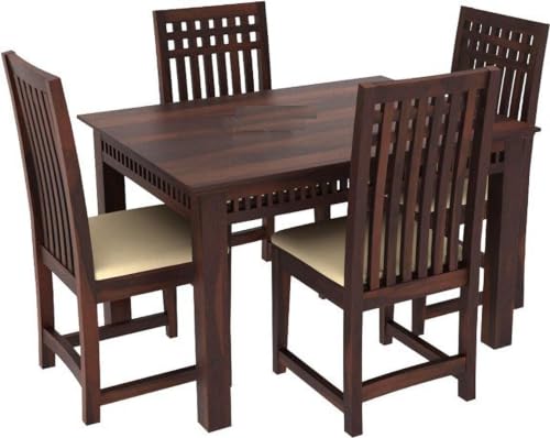Image of Sheesham Wood 4 Seater Dining Table with Cushioned High Back Chairs for Living Room Home Dining Room Sets Furniture for Dinner Rooms (Mahoghany Finish)