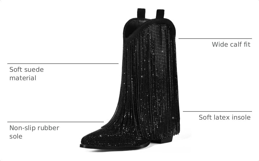 Image of Cowboy Boots for Women - Cowgirl Western Rhinestone Sparkly Fringe Chunky Heel Pointed Toe Mid Calf Boots