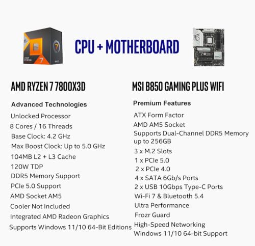 Image of MICRO CENTER AMD 7800X3D CPU Processor with MSI B850 Gaming PL Motherboard | CPU Motherboard Combo, AMD Ryzen 7 7800X3D CPU Processor, AM5, DDR5, PCIe 5.0, WiFi Support, Ready for AI PC