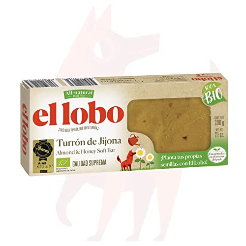 EL LOBO - Turrón de Jijona 100% BIO 200g, 'All Natural', Ecofriendly, Turrón Tradicional, Ingredientes Naturales, Textura Suave, Calidad Suprema, Sin Gluten