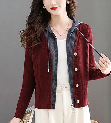 LAI MENG FIVE CATS Women's Casual Cardigan Hooded V Neck Sweaters Knitted Long Sleeve Knit Jackets3
