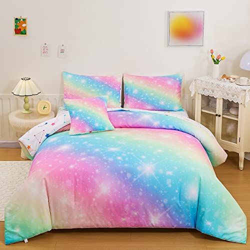 Tasselily Glitter Galaxy Comforter Set 6 Pcs Bed In A Bag, Ombre Pink Blue Rainbow Girls Full Size Bedding Sets With Sheets #TOP5
