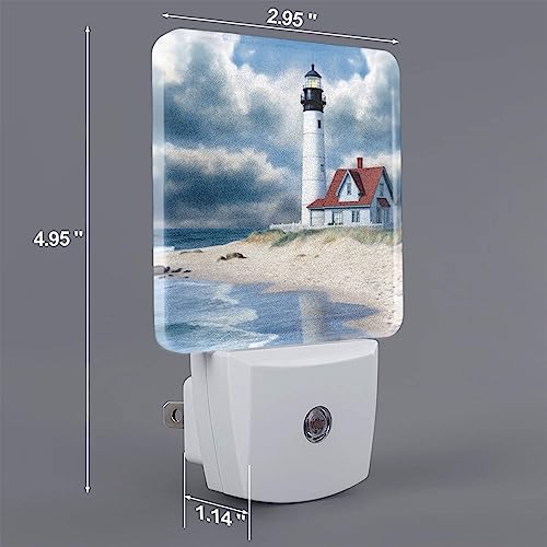 Image of Beach Lighthouse Night Light Set of 2, Auto Sensor LED Dusk-to-Dawn Nightlights, Plug-in Sensor Lamp for Bedroom Bathroom Kitchen Hallway Stairs Decorative