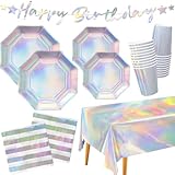 Iridescent Party Supplies - Disposable Paper Plates, Cups, Napkins, Tablecloth & Banner - Ideal for Mermaid Themed Events & Birthday or Wedding Party Decoration - Serves 25