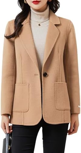ebossy Women's Wool Pea Coat Notched Lapel 1-Button Business Offi...