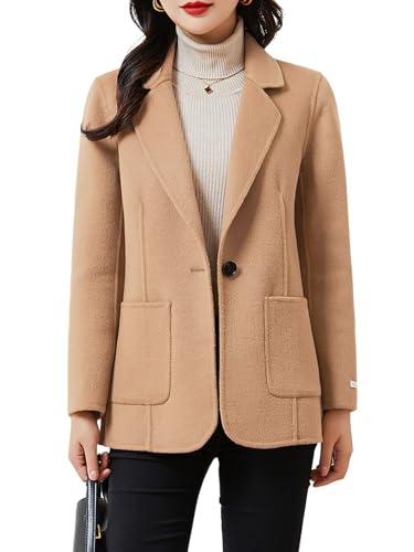 ebossy Women's Wool Pea Coat Notched Lapel 1-Button Business Office Blazer Jacket Elegant Short Coat with Pockets (L, Camel)