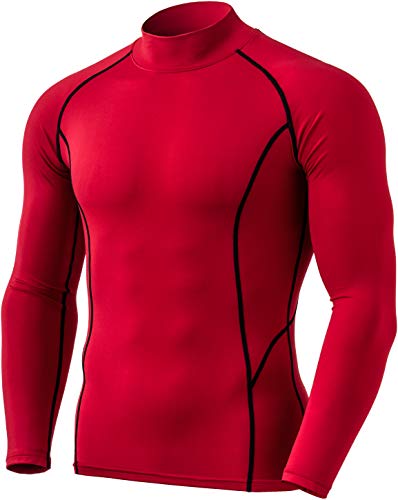 TSLA Men's Thermal Long Sleeve Compression Shirts, Mock/Turtleneck Winter Sports Running Base Layer Top, Heatlock Mock Neck(yut56) - Red, Medium