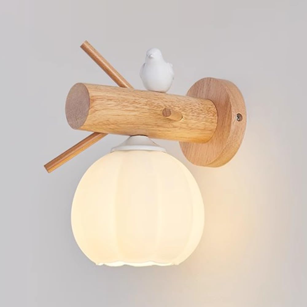 Drewniana lampka nocna, lampa ścienna w kształcie gałęzi ze szklanym kloszem, dekoracyjna lampa w kształcie ptaka, gniazdo E27, nowoczesna designerska lampa ścienna do sypialni o