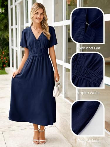 Image of Simplee Women's Summer Flowy Midi Dress Casual V Neck Short Sleeve Empire Waist Boho Beach Dress Wedding Guest Maxi Dress