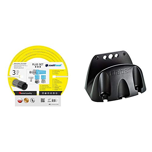 Manguera Terra Plus, color amarillo, 1/2, 25 m + Claber Eco 0 - soportes de manguera (Polipropileno, Negro, Pared)