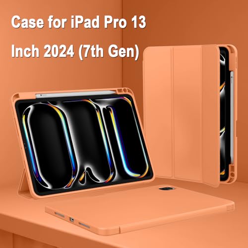 Image of ZryXal New iPad Pro 13 Inch Case (M5) 2025 / (M4) 2024 with Pencil Holder, Smart iPad Case [Support Pencil Pro and Pencil (USB-C)], Support Touch ID and Auto Wake /Sleep (Orange)