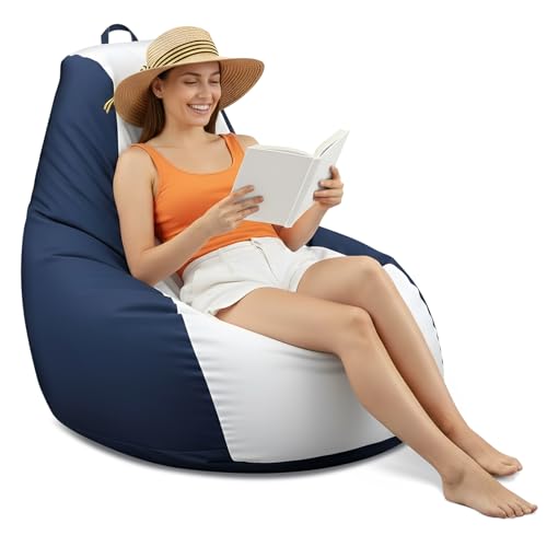 Briwooody 1 Pcs Teardrop Outdoor Bean Bag Chair Marine Bean Boat Bags Waterproof Patio Beanbag Lounger with Supportive Backrest for Poolside Deck Garden Balcony (Blue White)