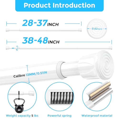 Image of AIZESI 2 Pack Tension Rods for Windows 28 to 48 inch, Adjustable Short Curtain Rods No Drilling Small Tension Rods for Windows Door Kitchen Curtain, White