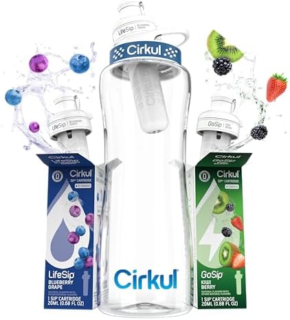 Cirkul 32oz. BPA-Free Plastic Water Bottle Starter Kit with Navy Lid, 2 Flavor Cartridges (1 LifeSip Blueberry Grape, 1 GoSip Kiwi Berry) No Sugar, Zero Calorie Drink Mix