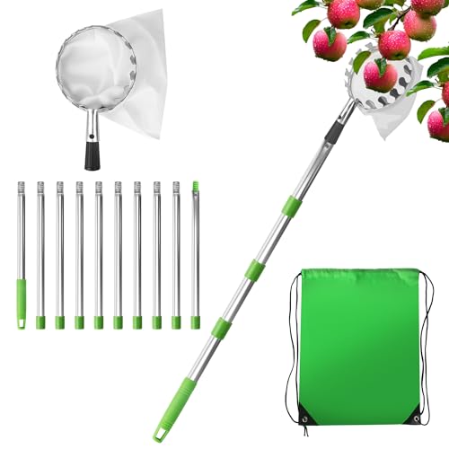 4 Meter Obstpflücker Mit Teleskopstiel mit Edelstahlstange und Baumwollbeutel, Apfelpflücker Mit Teleskopstiel, geeignet für Gardena Obstpflücker die Ernte von Äpfeln, Pflaumen, anderen Baumfrüchten