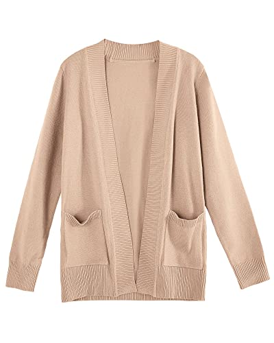 Poploli Girls Cardigan Knit Open Front Long Sleeve Sweaters Fall Casual Outwear With Pockets For 5-14 T Kids Khaki #TOP6