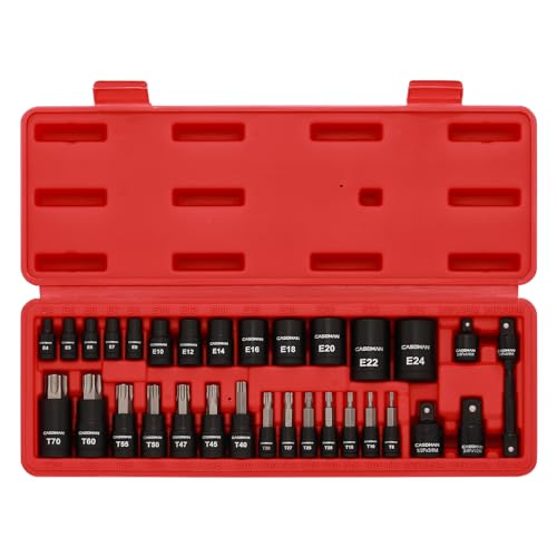 Image of CASOMAN 32-Piece Torx Bit Socket and Female External Socket Set, 14 Star Bits (T8- T70) and 13 Female E-Torx Sockets (E4-E24), Include 5 Impact Socket Adapter