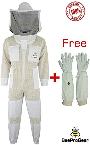 Bee Suit 3 Layers ultra ventilated safety protective unisex white fabric mesh beekeeping suit, Beekeepers outfit Round Veil (Large)