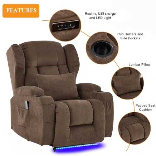 Image of Wall Hugger Power Recliner Chair Set of 3, Overstuffed Home Theater Seating w /Heat Massage Electric Movie Gaming Sofa Reclining Sleeper Chair with LED Light /Lumbar Pillow /Cup Holders