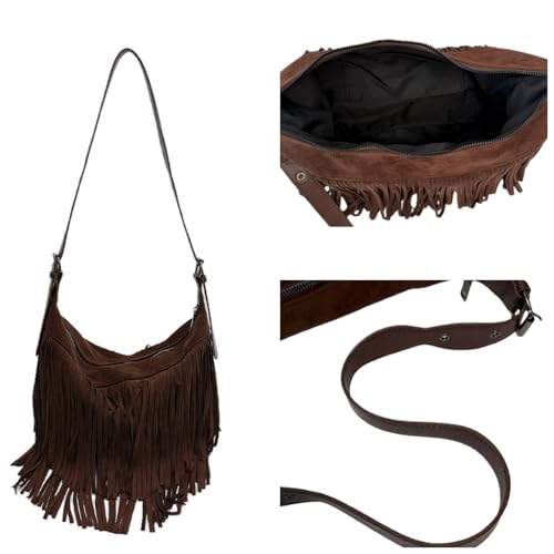 Image of Women Vintage Suede Fringe Hobo Bag Tote Shoulder Bag Crossbody Bag and Hippie Western Cowgirl Purse Shoulder Bag