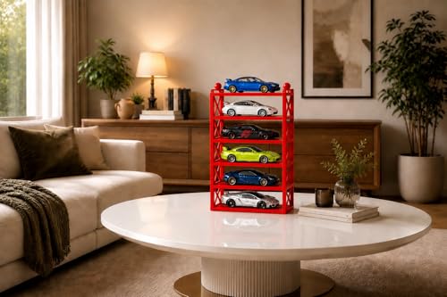 Image of 6-Car Display Rack - Premium Matte Black Tabletop Organizer with Tire Slots & Side Guards for 1:64 Scale Diecast Cars (Hot Wheels, Matchbox, Tomica,)(NO CAR INCLUDED) (Red)