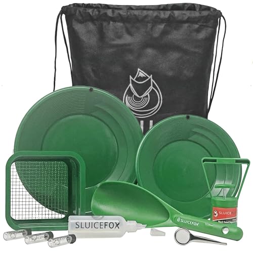 Sluice Fox Backpack Gold Prospecting Kit with Classifier: Spiral Pans, Plastic Shovel, Pay Dirt Scoop, Black Sand Separator Magnet - Green