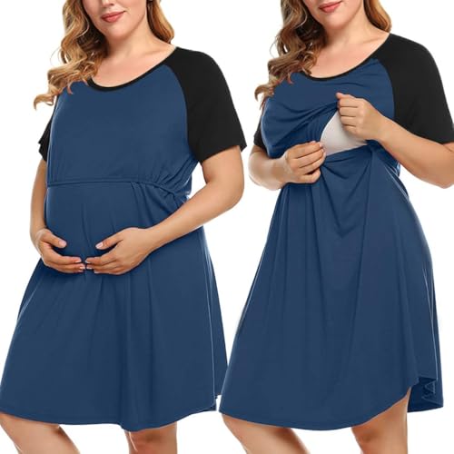 Image of MONNURO Plus Size 3 in 1 Labor/Delivery/Hospital Maternity Nightgown Dress | Soft Fabric,Maternity Nursing Dress with Pockets & Elastic Waistline,1XL-5XL,for Pregnant&Postpartum,Daily Wear,Loungewear