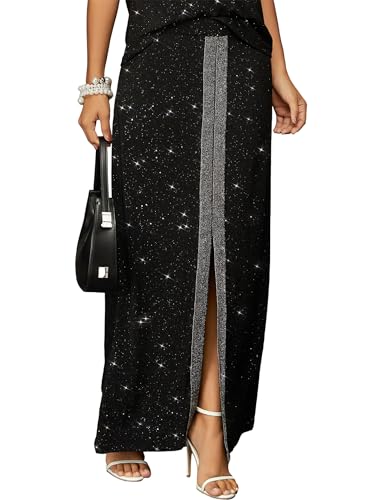 stylewe Sparkly Skirt for Women High Waist Stretchy Front Slit Maxi Skirts Summer Outfit