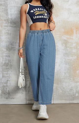 loveimgs Women Baggy Striped Denim Pants Elastic High Waisted Straight Leg Jeans Y2k Stripe Pull On Wide Leg Jeans Sweatpants4