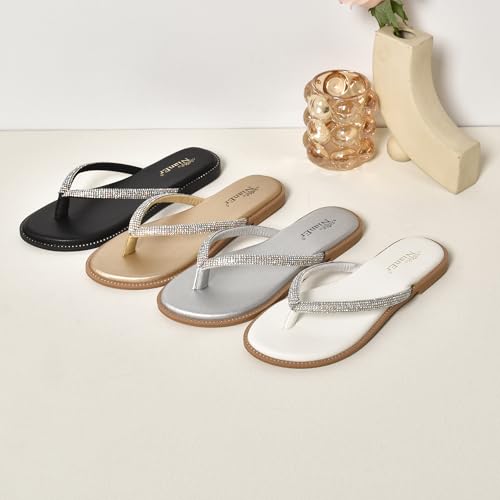 Image of NianEr Womens Microfiber Leather Memory Foam Sandals Flip Flops Slides | Rhinestone, Glitter, Sparkly, Bling, Jeweled, Sparkle, Diamond, Flat, Comfortable, Slip On, Dressy, Dress, Beach, Vacation