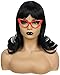 Codeven Short Black Flip Bob Wigs Halloween Costume Cosplay Wig for Women with Red Glasses Frame