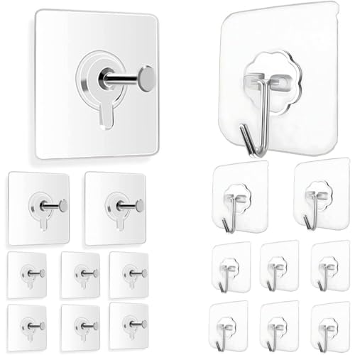 Image of Maxxic Labaratories (10+10) Self Adhesive Wall Hooks Heavy Duty for Hanging | Nail Free Sticky Hooks for Wall Heavy Items Without Drilling, Transparent Wall Hanger Hook (Bolt 10 + Flower 10, 20)
