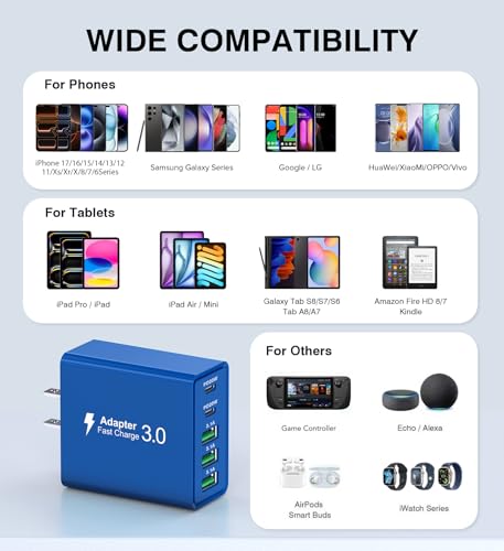 Image of USB C Wall Charger, 50W USB C Charger Block 2-Pack 5-Port PD Fast Charging Blocks,Multiport 2USB C+3USB A Plug,Type C Power Adapter Brick Cube for iPhone 17 /16 /15 /14 /13,Samsung,for Switch(Dark Blue)