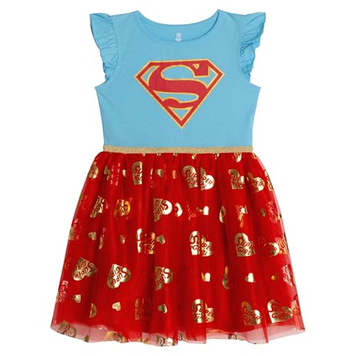 DC Comics Justice League Supergirl Little Girls Tutu Pleated Tulle Dress Logo Turquoise/Red 4