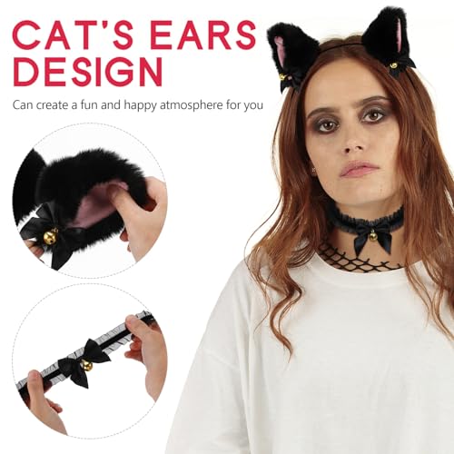 SOLUSTRE Animal Faux Fur Cat Ears Headband with Bells Lovely Black Lace Necklace Collar Perfect Couple Flirting Petplay Kit Set for Halloween Cosplay Party Women Girls Adult - Image 4