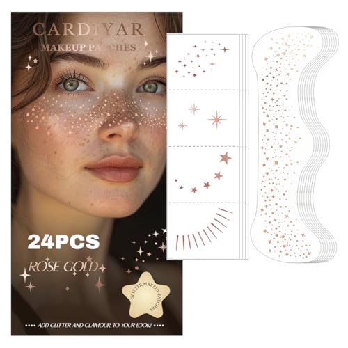 Glitter Freckles, 24PCS Glitter Freckles Face Tattoo, Sparkle Freckles for Women, Waterproof Gold Temporary Face Tattoos Glitter Glow Up Patches Makeup Patches Mardi Gras Festival (Rosegold)