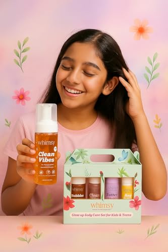 Image of Whimsy Beauty Glow Up Body Care Set (Pack of 4) | Foaming Body Wash, Face Wash, Moisturizer & SPF 50 Sunscreen Spray | Gentle Skincare with Aloe Vera, Shea Butter & Vitamin E | 4 to 16 Years | Organic, Natural Formula | Sulfate & Paraben Free | Dermatologist Tested