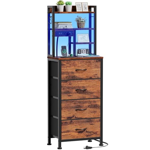Furnulem Tall Night Stand, LED Nightstand with Charging Station and