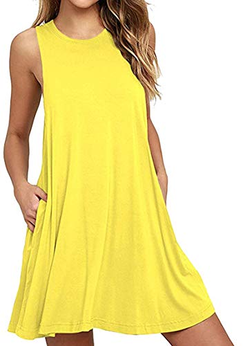 Yming Damen Kleid Lässig Ärmellos Kleid Minikleid Rundhals Kleid Gelb XL