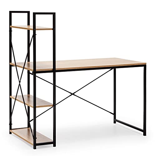 HOMN LIVING Escritorio de Ordenador Lidia 3 estantes, Color Roble/Negro, 120 cm (Ancho) 64 cm (Profundo) 120 cm (Altura)