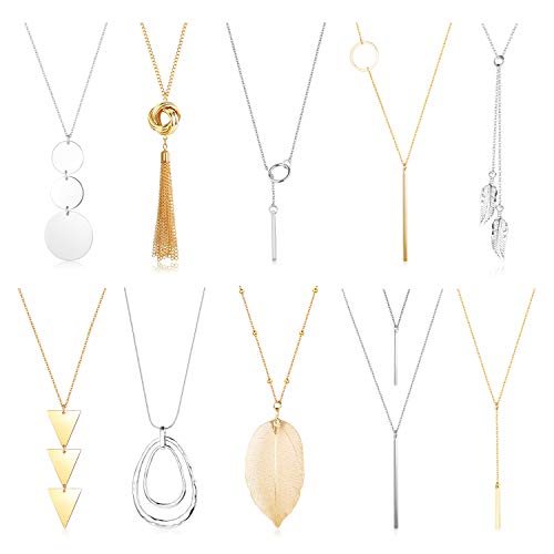 FUNRUN JEWELRY 10PCS Long Pendant Necklace Layer Bar Leaf Circle Knot Triangle Sweater Y Necklace Set for Women