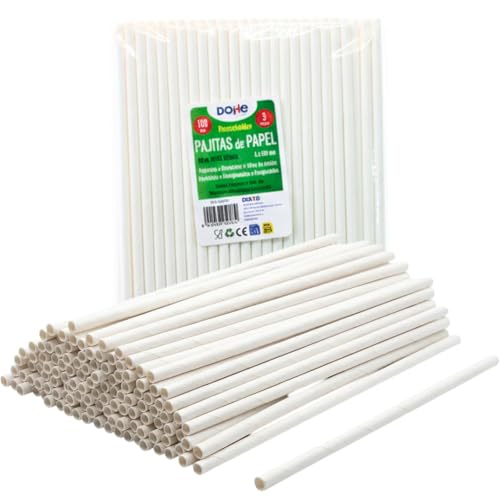 Dohe Horeca - Pailles en Papier (100 unités) - Couleur Blanche, Grande Taille : 20 cm, Résistantes, Boissons Chaudes et Froides, Pour Fêtes, Anniversaires, Célébrations