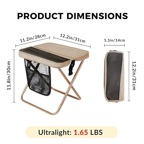 Image of Portable Folding Stool - 12 inch Tall Collapsible Backpack Stool with Storage Pouch, Hands-Free Carry & Supports 300 lbs, Ultralight for Hiking, Fishing, Camping, Festivals (Khaki, Standard)