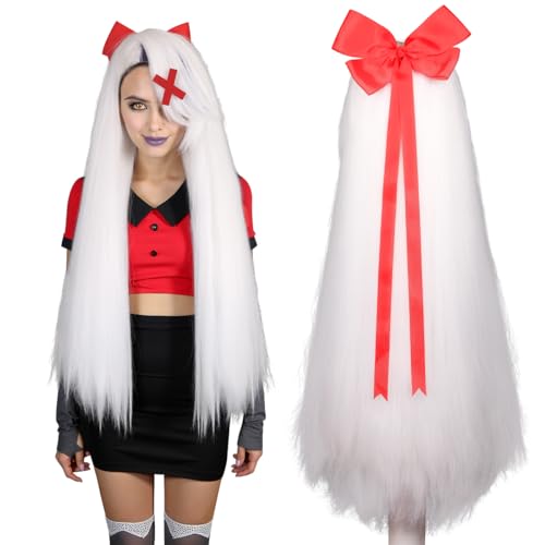 FantaLook Long Straight White with Gray Cosplay Wig with Red Bow and Hairclip for Women Halloween Costume