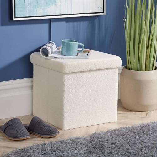Home Source Folding Ottoman, Boucle Teddy Bear Fabric Storage Square Box, Cream - Cosy Home Interiors Home Source Folding Ottoman, Boucle Teddy Bear Fabric Storage Square Box, Cream - Image 2