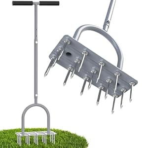 Lawn Aerator Spike Tool – Manual Grass Aerator with 15 Iron Spikes, Pre-Assembled Yard Aerator for Core Aeration, Dethatching, Heavy Duty T-Handle & Wide Foot Plate for Lawn Yard & Garden (Grey)
