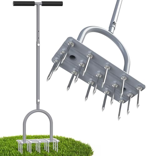 Lawn Aerator Spike Tool - Manual Grass Aerator with 15 Iron Spikes, Pre-Assembled Yard Aerator for Core Aeration, Dethatching, Heavy Duty T-Handle & Wide Foot Plate for Lawn Yard & Garden (Grey)